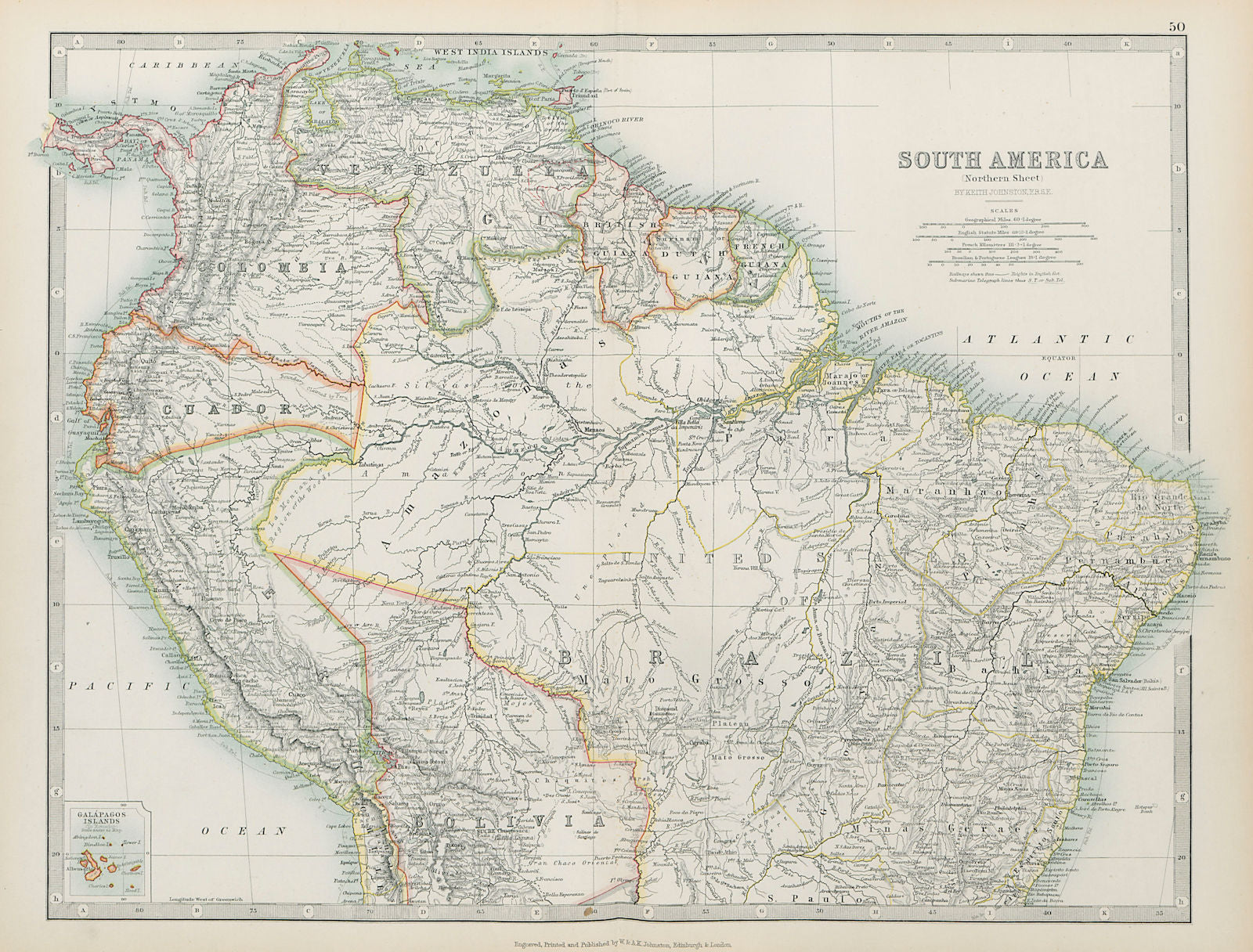 SOUTH AMERICA NORTHERN Brazil Peru Ecuador Colombia Venezuela JOHNSTON 1901 map